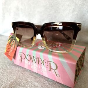 A pair of sunglasses sitting on top of a pink box.